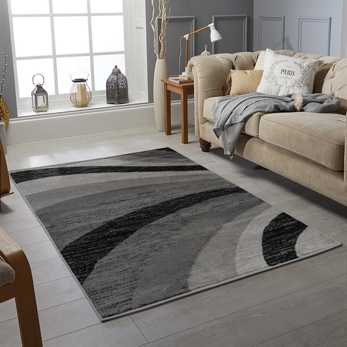 Modern Abstract Wave Pattern Soft Grey/Black Carpet Area Rug