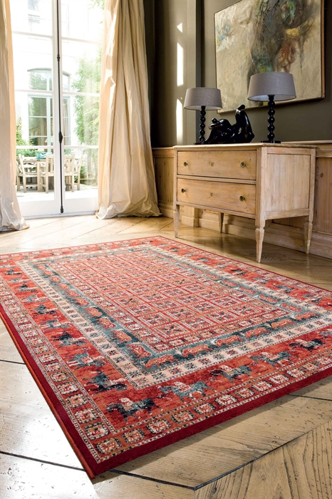 KASHQAI 4301/300 Red Bordered Floral Traditional RUG 
