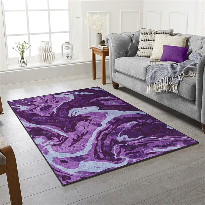 Non Slip Absract Violet Rubber Backed Washable Modern Rug