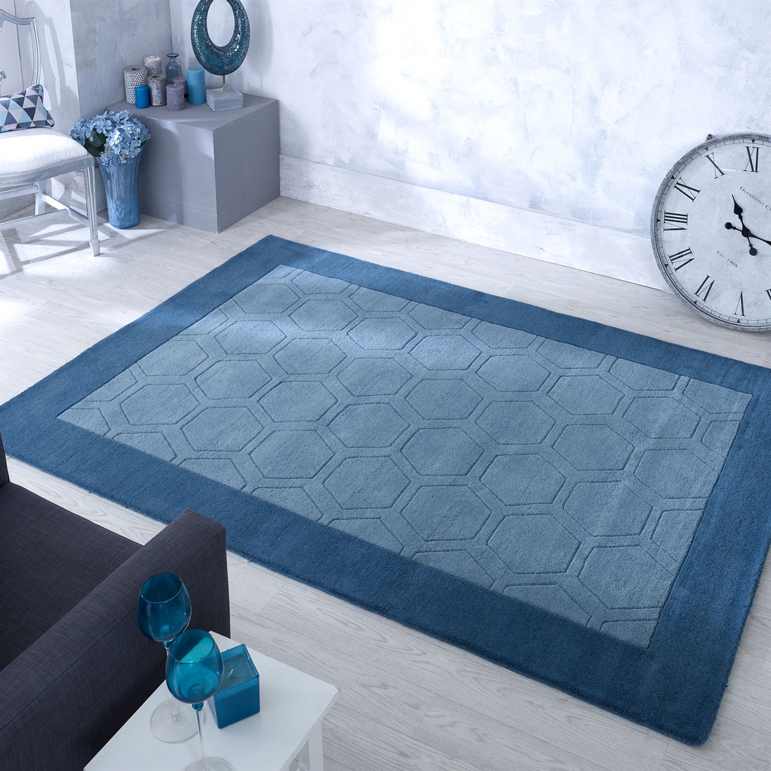 Hex Teal Hand Tufted Wool Rugs In, Teal Colour Rugs Uk