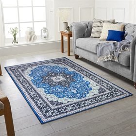 Traditional Navy Design 2MM Rubber Backed Hall Runner Rug