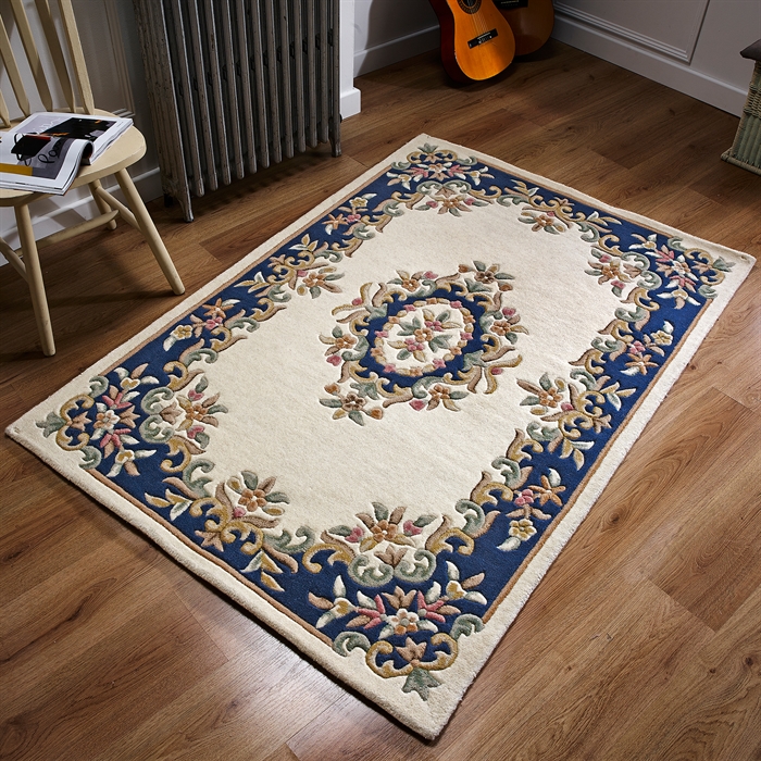 Royal Cream/Blue Traditional 100% Wool Indian Rug