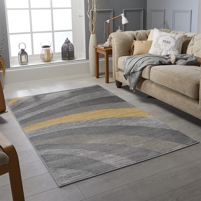 Modern Abstract Wave Pattern Soft Yellow/Grey Carpet Area Rug