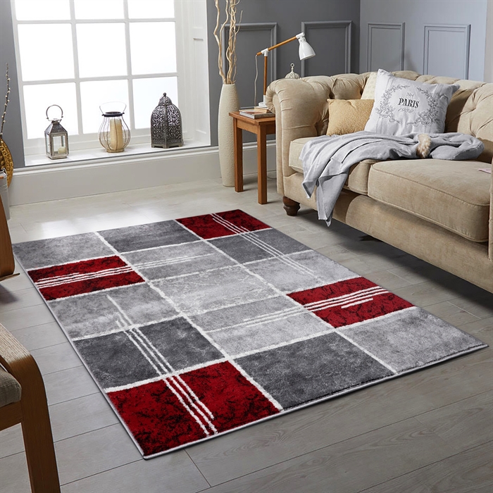 Box Red With Geomatric Pattern Modern Rug