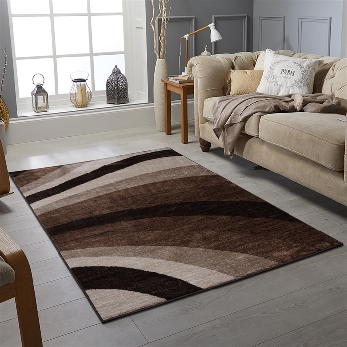 Modern Abstract Wave Pattern Soft Brown/Black/Cream Carpet Area Rug