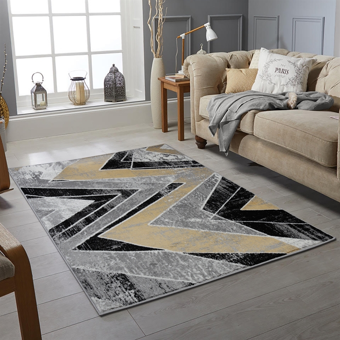 Zigzag Modern Yellow/Black/Grey Abstract Herringbone Soft Thick Carpet Rug