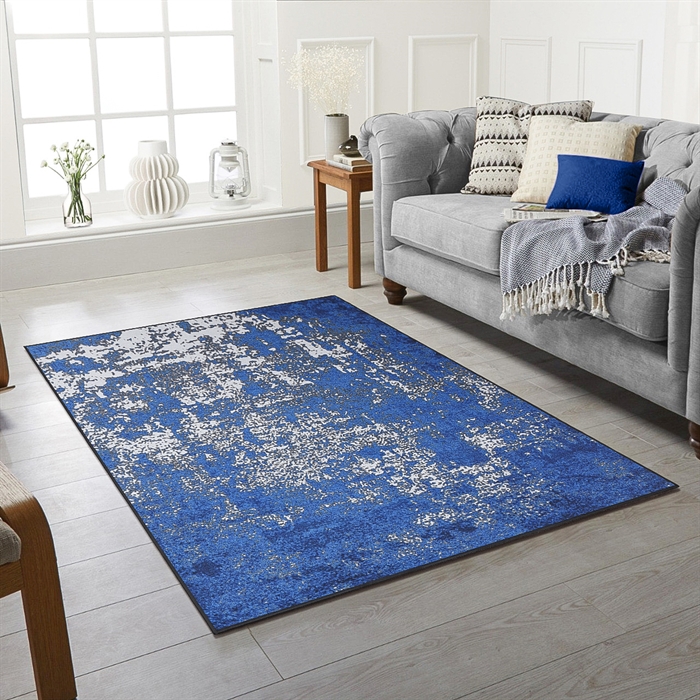 Non Slip Absract Blue Rubber Backed Washable Modern Rug