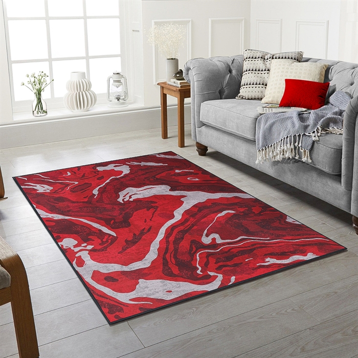 Non Slip Absract Red Rubber Backed Washable Modern Rug
