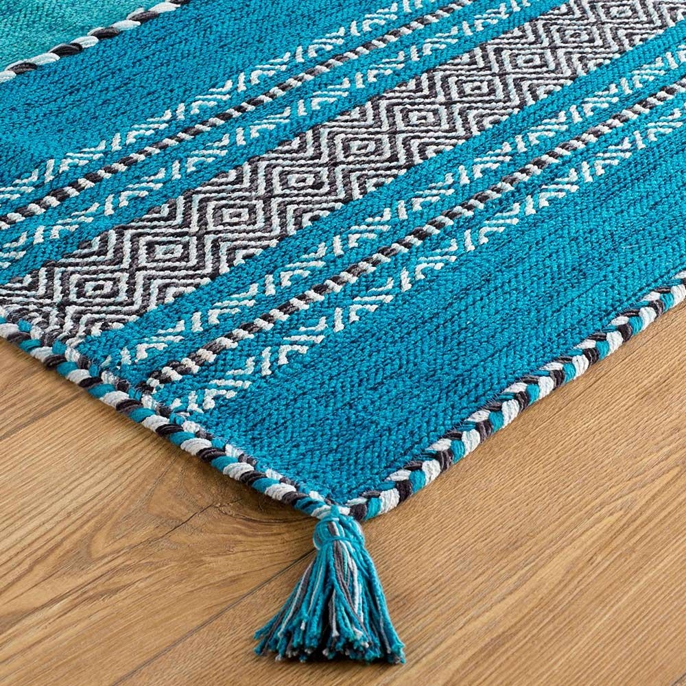 Kelim Teal Flatweave Wool Rug in Teal colour